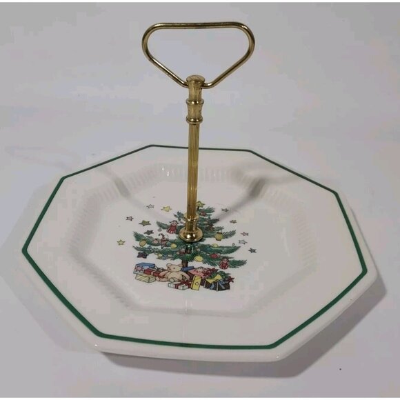Nikko Happy Holiday Porcelain 2 Tier Octagon Serving Tray w/ Post Gold Handle - Picture 2 of 13